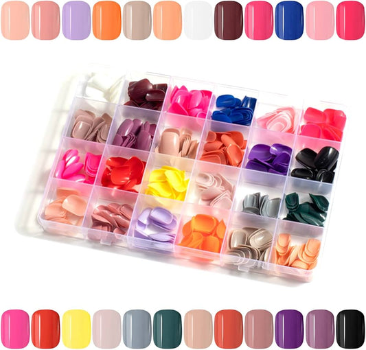 576 PCS Fake Nail Set, Short Square Full Coverage Artificial Nails, Acrylic Nails Stick on Women'S Nails, 24 Multi Colours